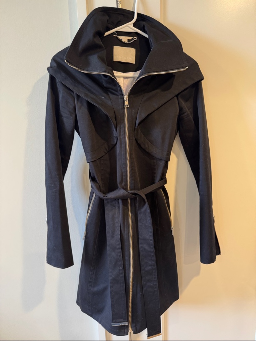 Soia & Kyo Black Zip-Front Belted Trench Coat